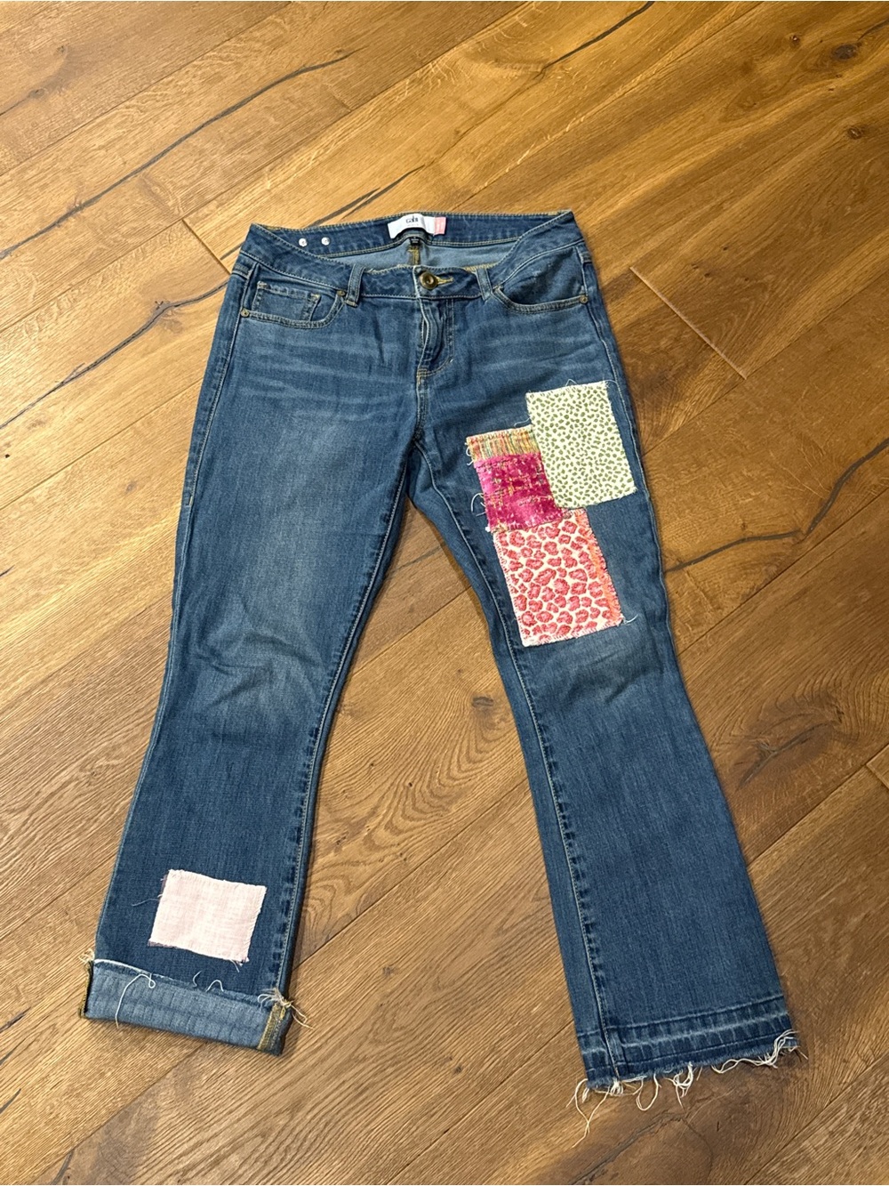 CAbi Blue Flare Jeans with Colorful Patchwork -Kick It Crop
